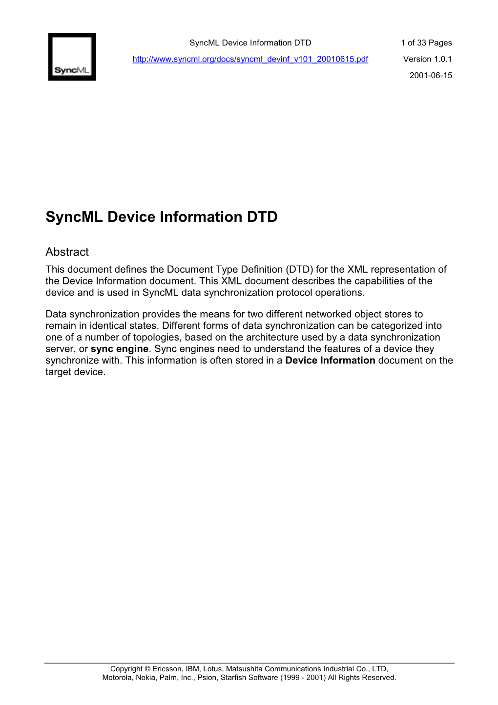 Syncml Device Information DTD 1 of 33 Pages Version 1.0.1