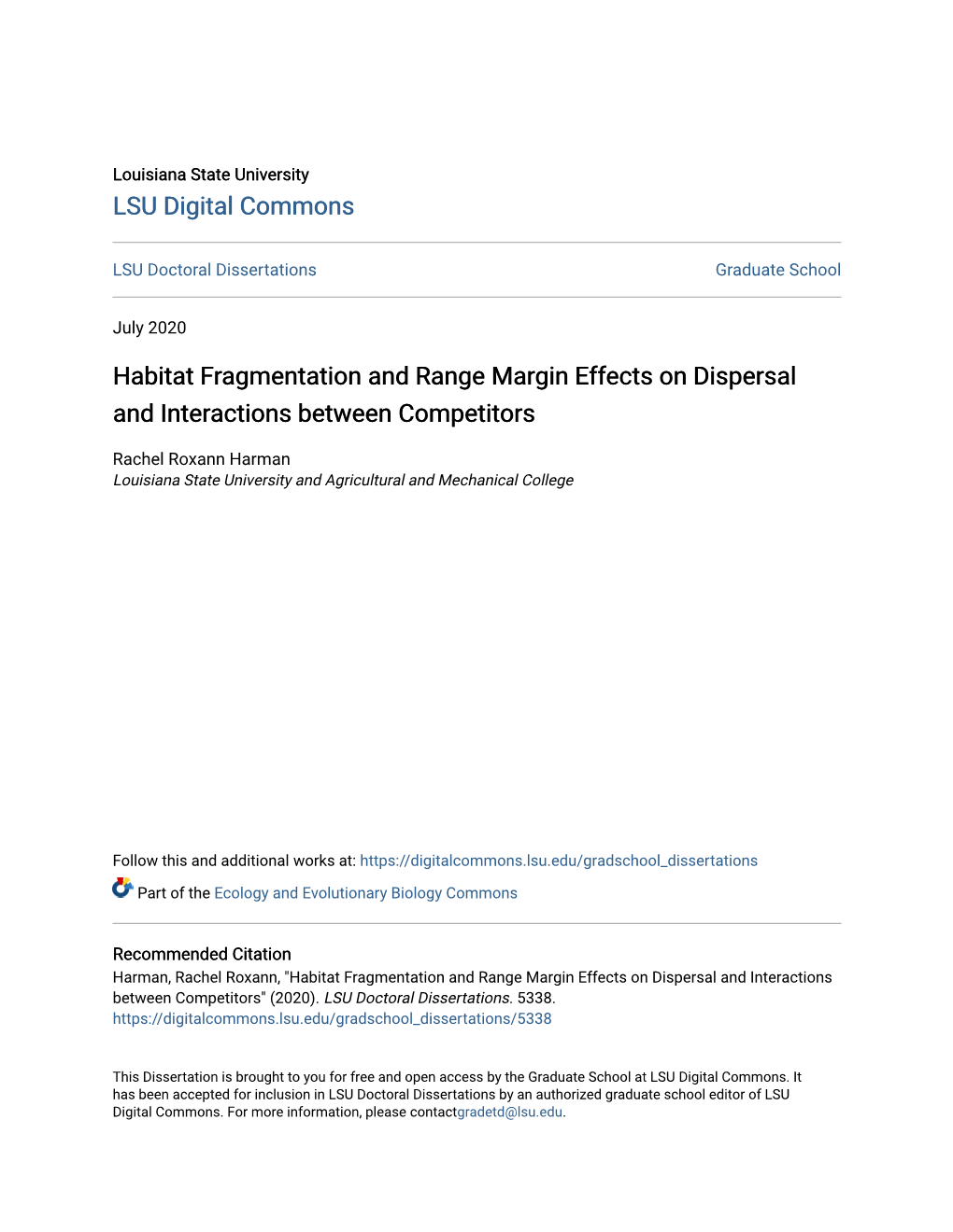 Habitat Fragmentation and Range Margin Effects on Dispersal and Interactions Between Competitors