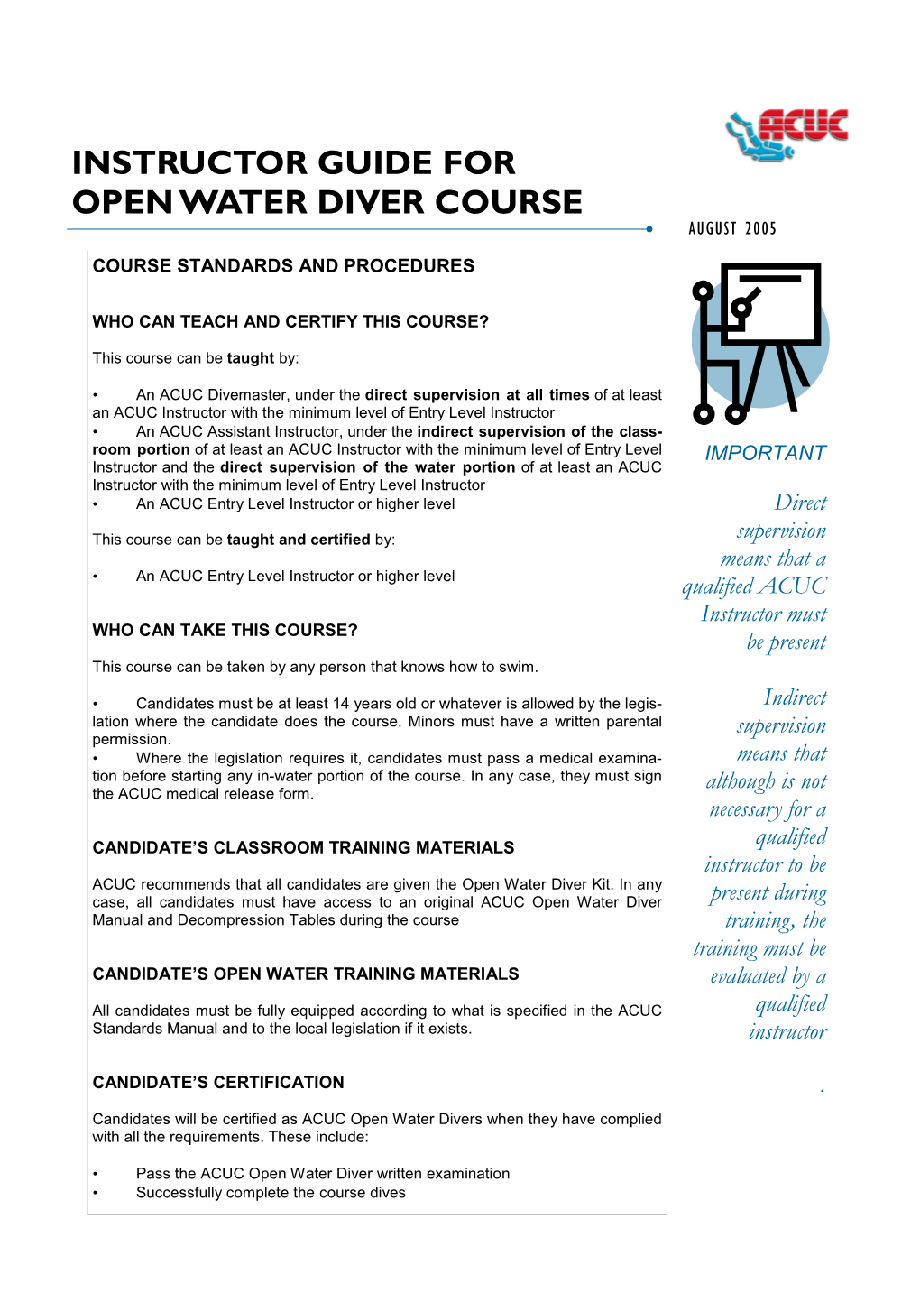 Instructor Guide for Open Water Diver Course A4