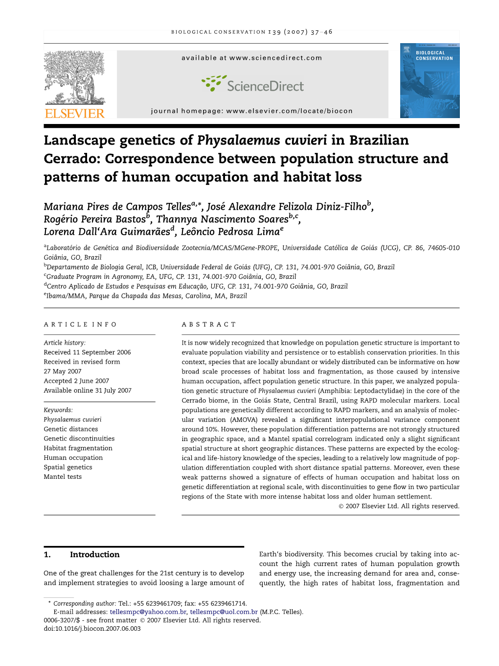 Landscape Genetics of Physalaemus Cuvieri in Brazilian Cerrado: Correspondence Between Population Structure and Patterns of Human Occupation and Habitat Loss