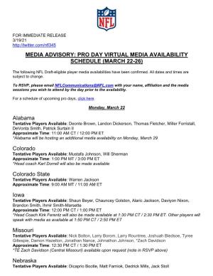 Media Advisory: Pro Day Virtual Media Availability Schedule (March 22-26)