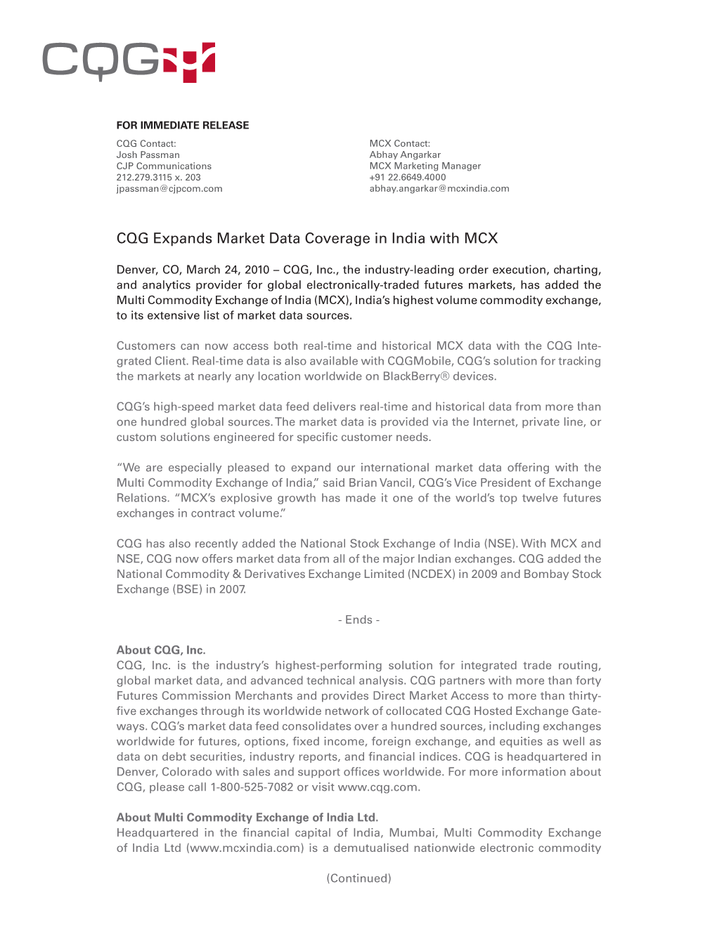 CQG Expands Market Data Coverage in India with MCX
