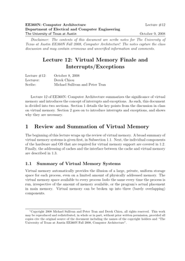 Lecture 12: Virtual Memory Finale and Interrupts/Exceptions 1 Review And