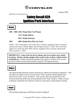 Safety Recall G28 Ignition/Park Interlock