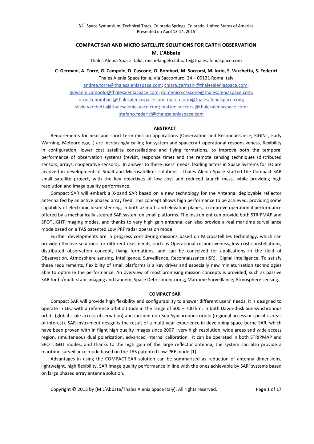 Compact Sar and Micro Satellite Solutions for Earth Observation M