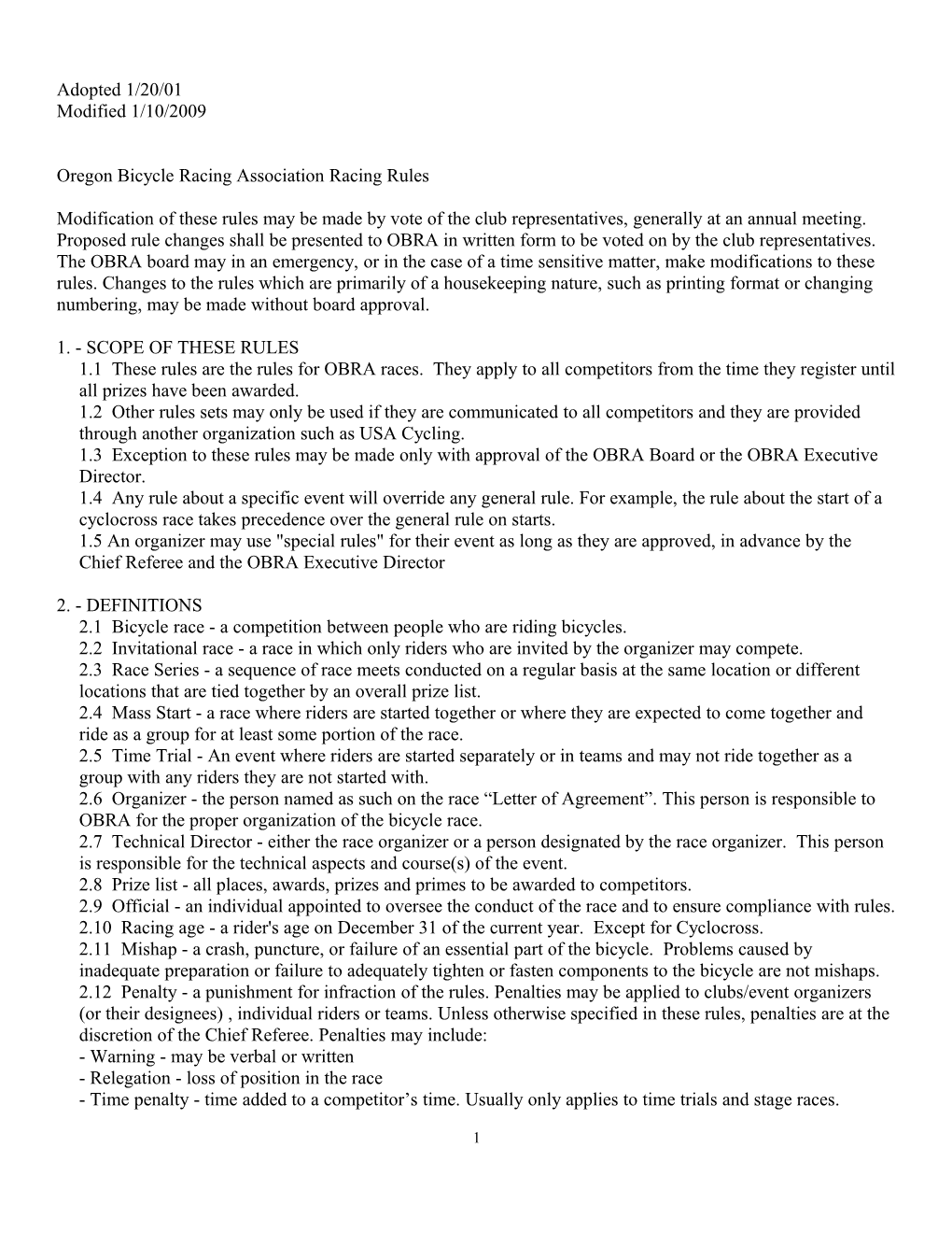 Oregon Bicycle Racing Association Racing Rules