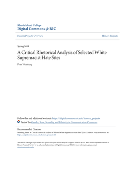 A Critical Rhetorical Analysis of Selected White Supremacist Hate Sites Peter Weinberg