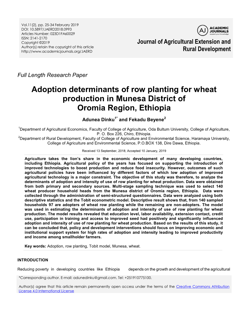 Adoption Determinants of Row Planting for Wheat Production in Munesa District of Oromia Region, Ethiopia