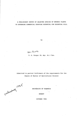 A Preliminary Survey of Selected Species of Endemic Plants to Determine Commercial Cropping Potential for Essential Oils