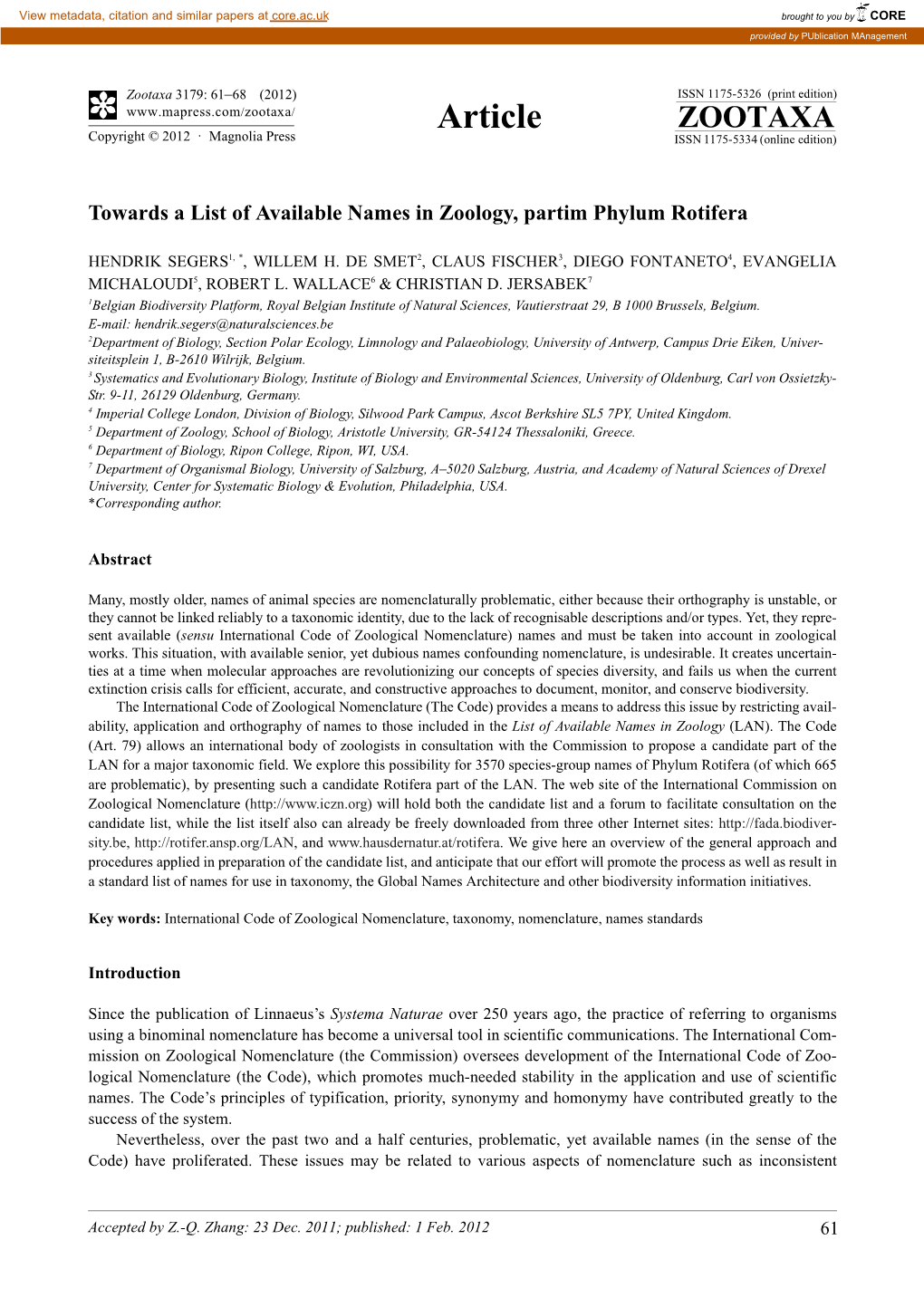 Towards a List of Available Names in Zoology, Partim Phylum Rotifera