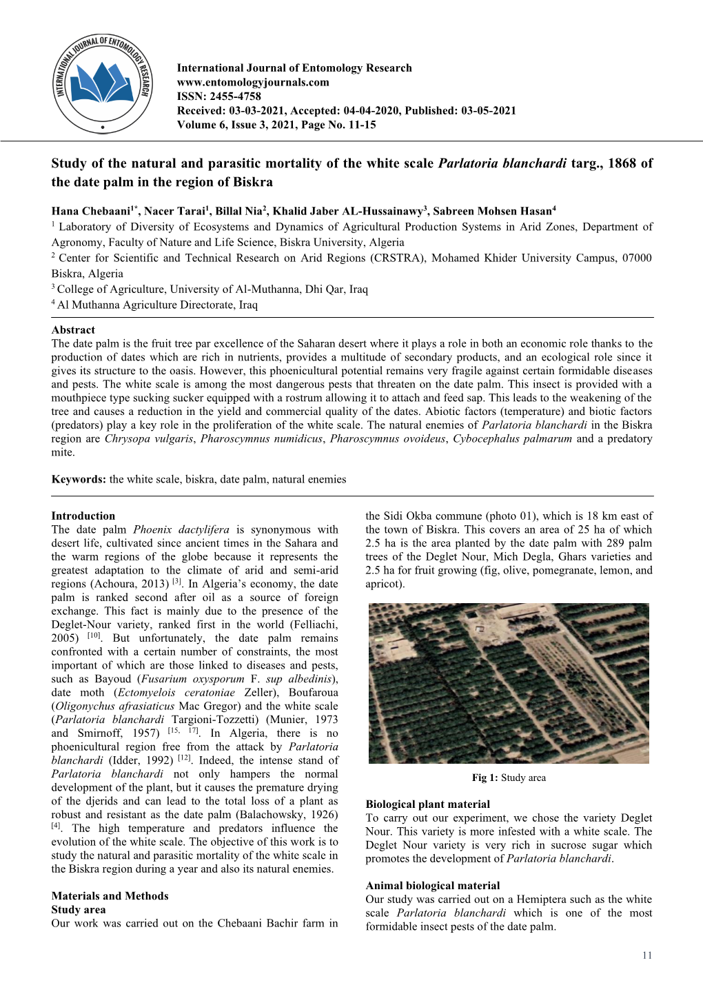 Study of the Natural and Parasitic Mortality of the White Scale Parlatoria Blanchardi Targ., 1868 of the Date Palm in the Region of Biskra