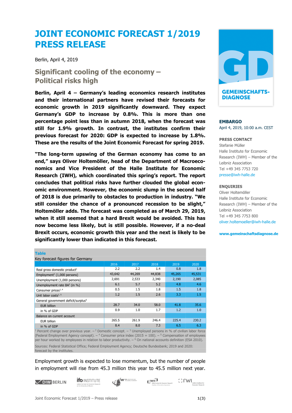 Joint Economic Forecast 1/2019 Press Release