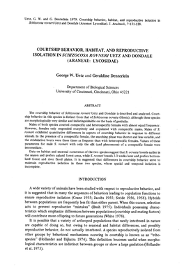 COURTSHIP BEHAVIOR, HABITAT, and REPRODUCTIVE ISOLATION in SCHIZOCOSA ROVNERI UETZ and DONDAL E (ARANEAE: LYCOSIDAE) George W. U