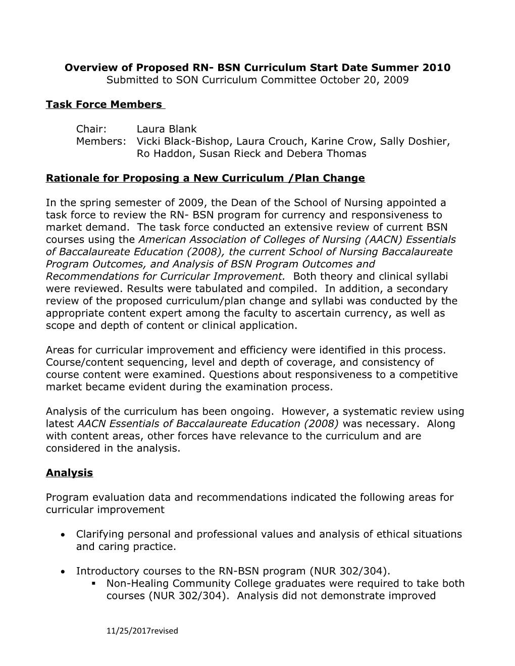 Overview Of Proposed RN- BSN Curriculum Start Date May 2010