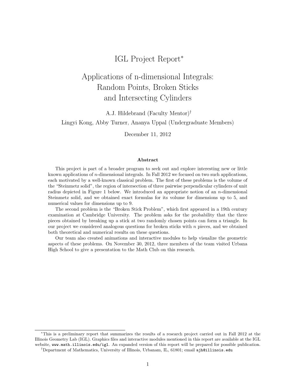 IGL Project Report Applications of N-Dimensional Integrals: Random