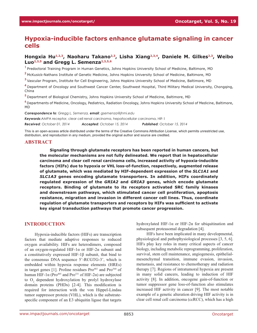 Hypoxia-Inducible Factors Enhance Glutamate Signaling in Cancer Cells