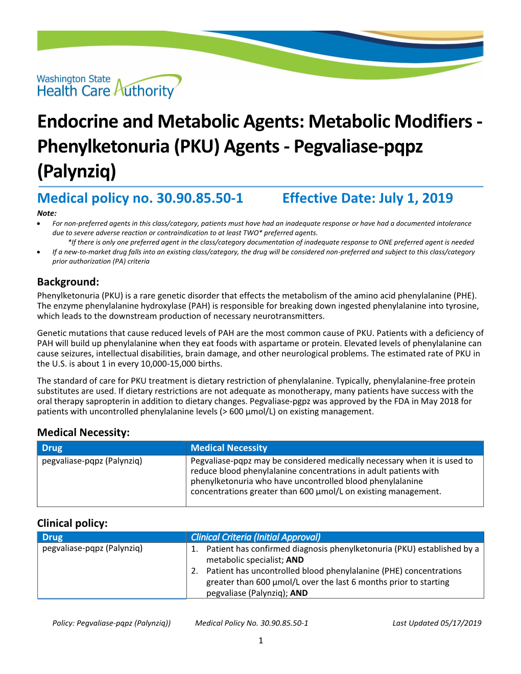 Endocrine and Metabolic Agents: Metabolic Modifiers - Phenylketonuria (PKU) Agents - Pegvaliase-Pqpz (Palynziq) Medical Policy No