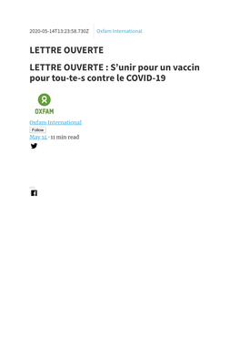 LETTRE OUVERTE LETTRE OUVERTE : S’Unir Pour Un Vaccin Pour Tou-Te-S Contre Le COVID-19