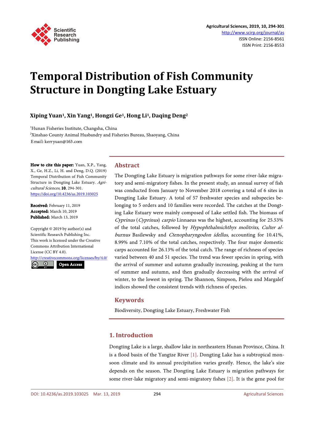 Temporal Distribution of Fish Community Structure in Dongting Lake Estuary