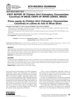 FIRST REPORT of Chalepus Dorni (Coleoptera: Chrysomelidae: Cassidinae) in MAIZE CROPS of MINAS GERAIS, BRAZIL Primer Reporte De