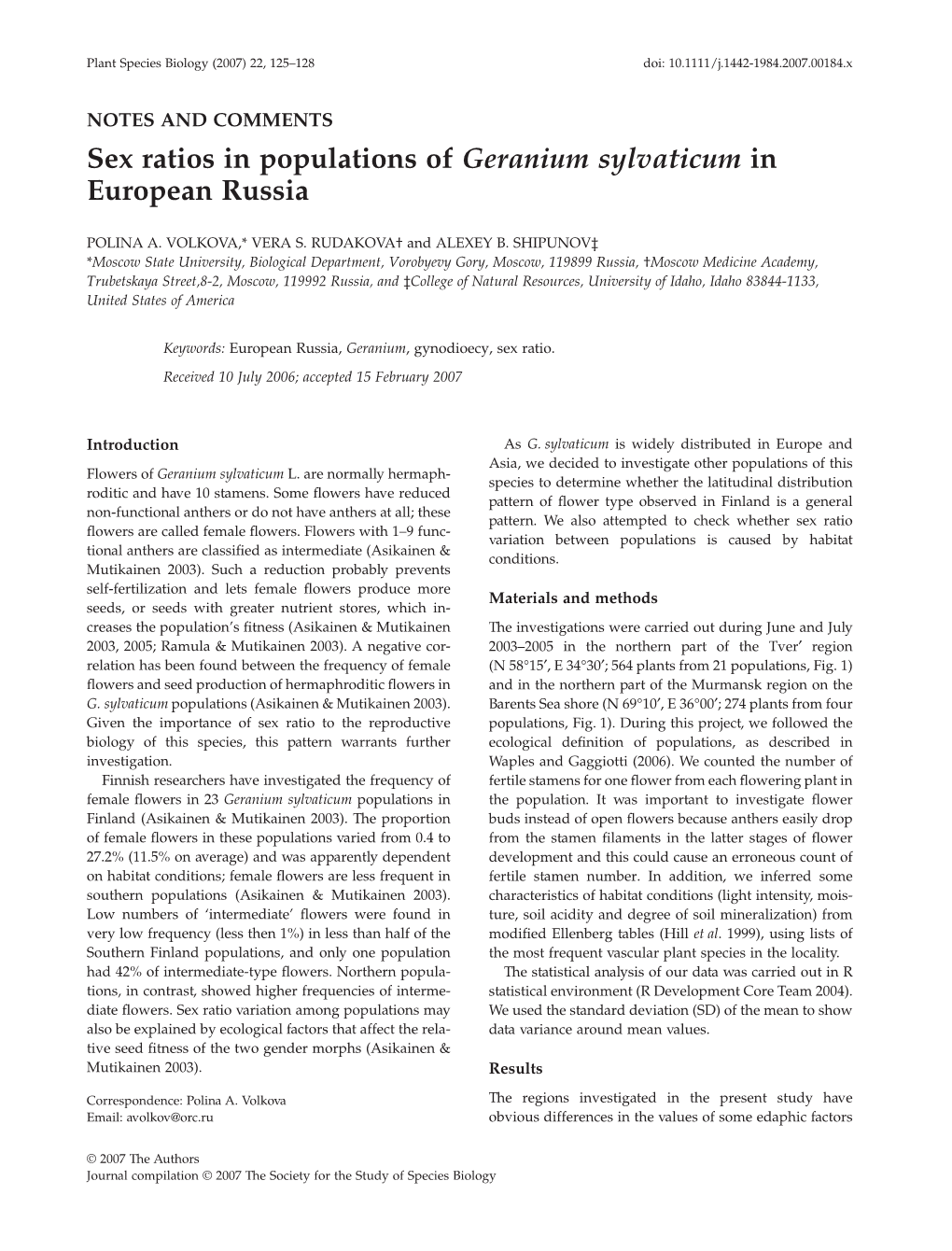 Sex Ratios in Populations of Geranium Sylvaticum in European Russia