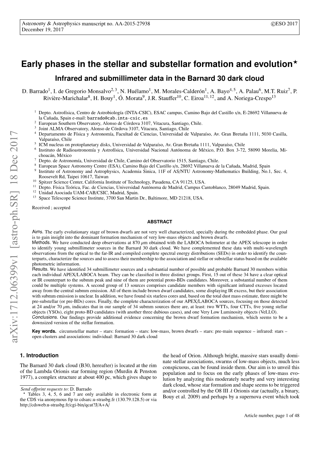 Early Phases in the Stellar and Substellar Formation and Evolution? Infrared and Submillimeter Data in the Barnard 30 Dark Cloud