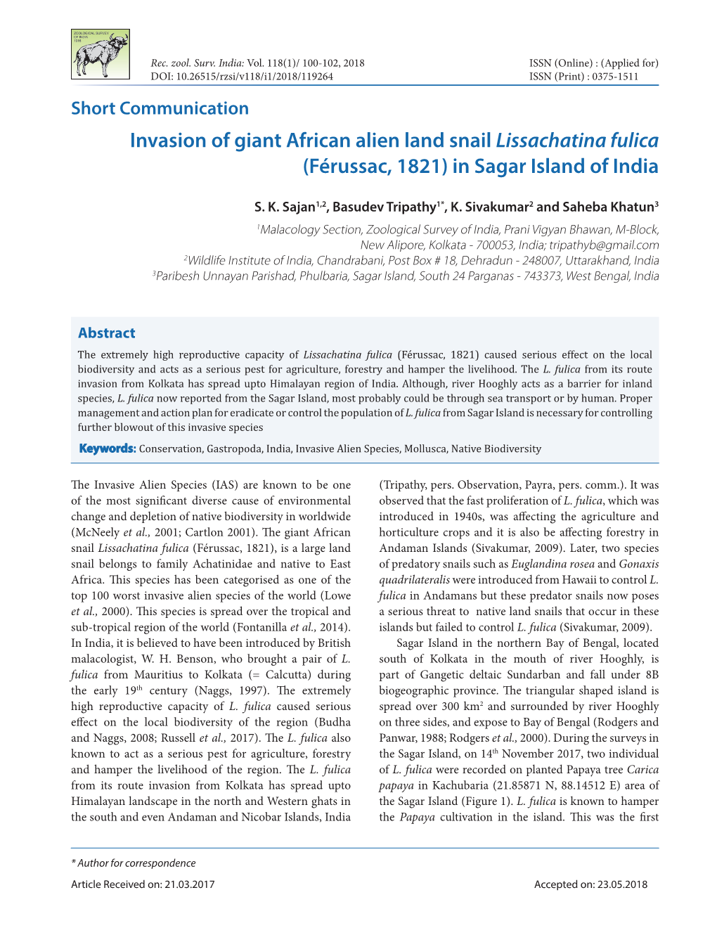 Invasion of Giant African Alien Land Snail Lissachatina Fulica (Férussac, 1821) in Sagar Island of India