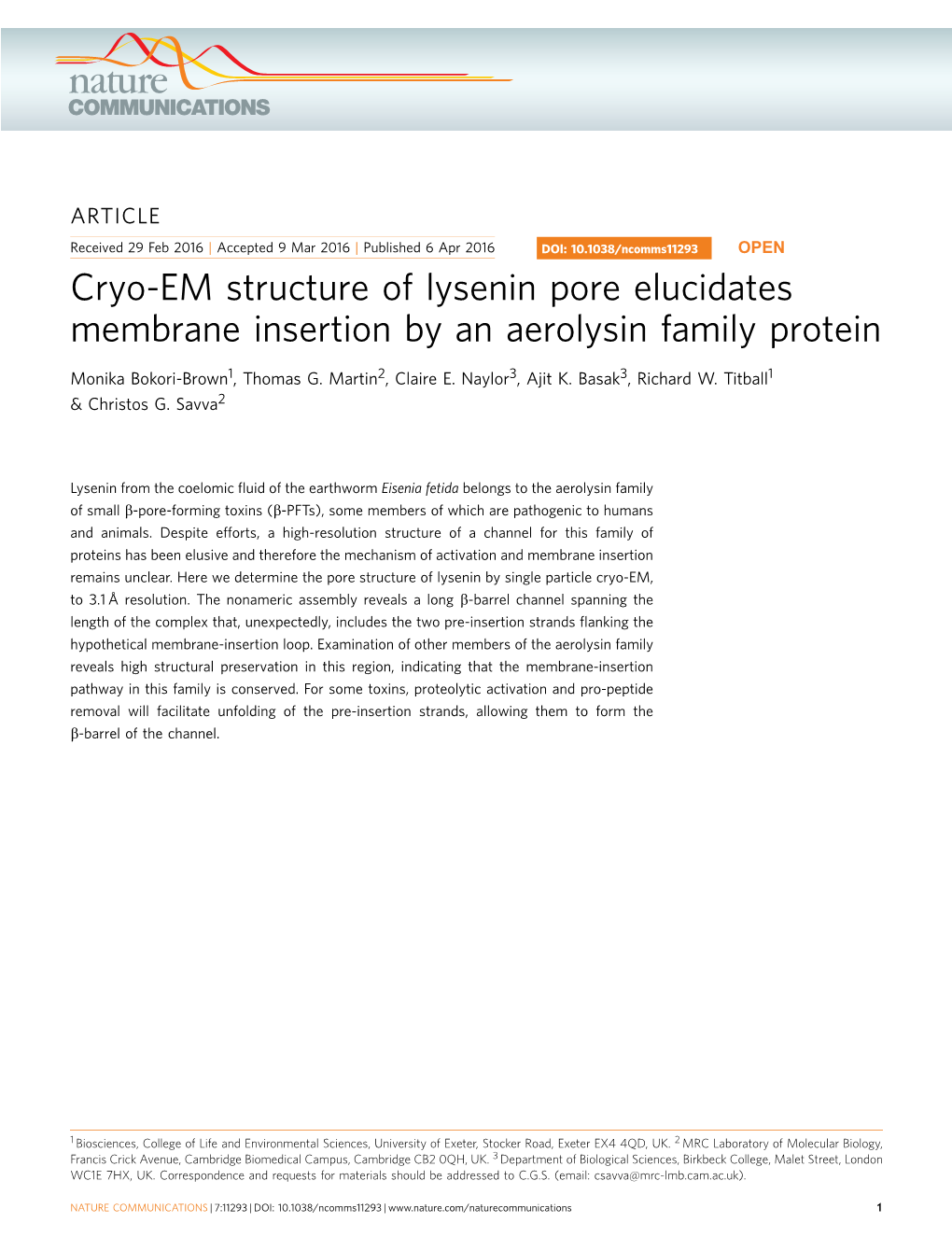 Cryo-EM Structure of Lysenin Pore Elucidates Membrane Insertion by an Aerolysin Family Protein