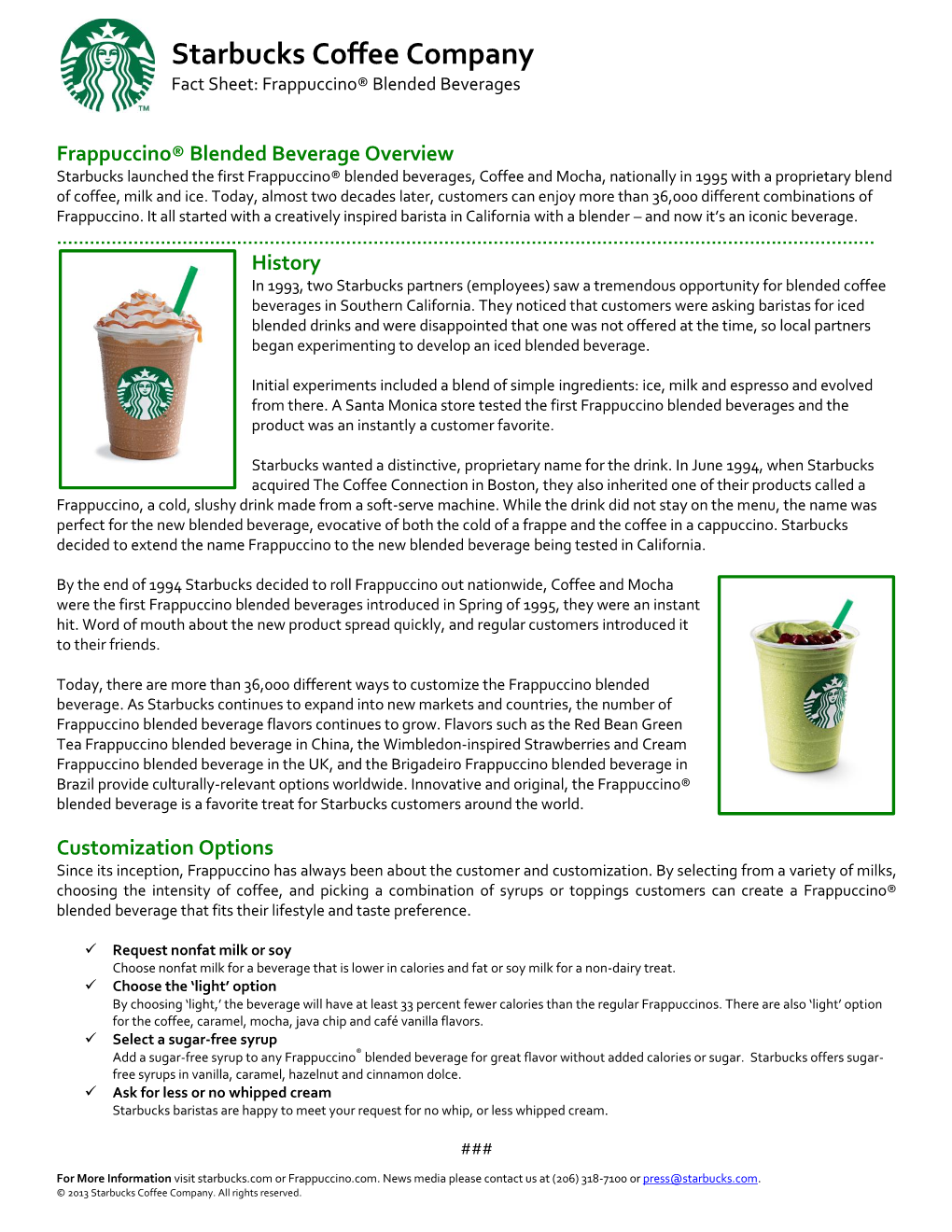 Frappuccino Fact Sheet