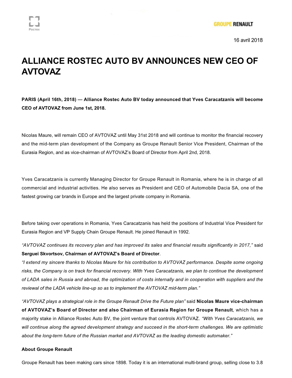 Alliance Rostec Auto Bv Announces New Ceo of Avtovaz