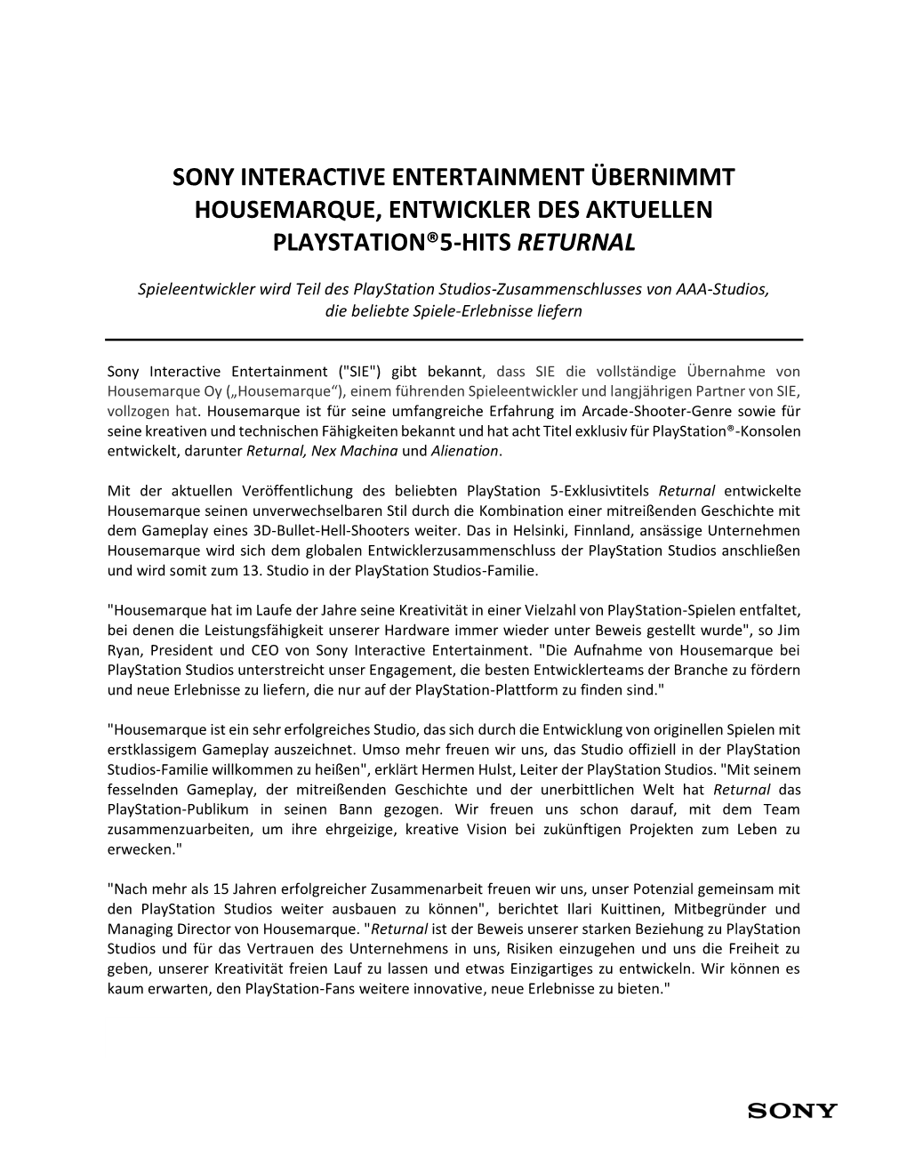 Sony Interactive Entertainment Übernimmt Housemarque, Entwickler Des Aktuellen Playstation®5-Hits Returnal