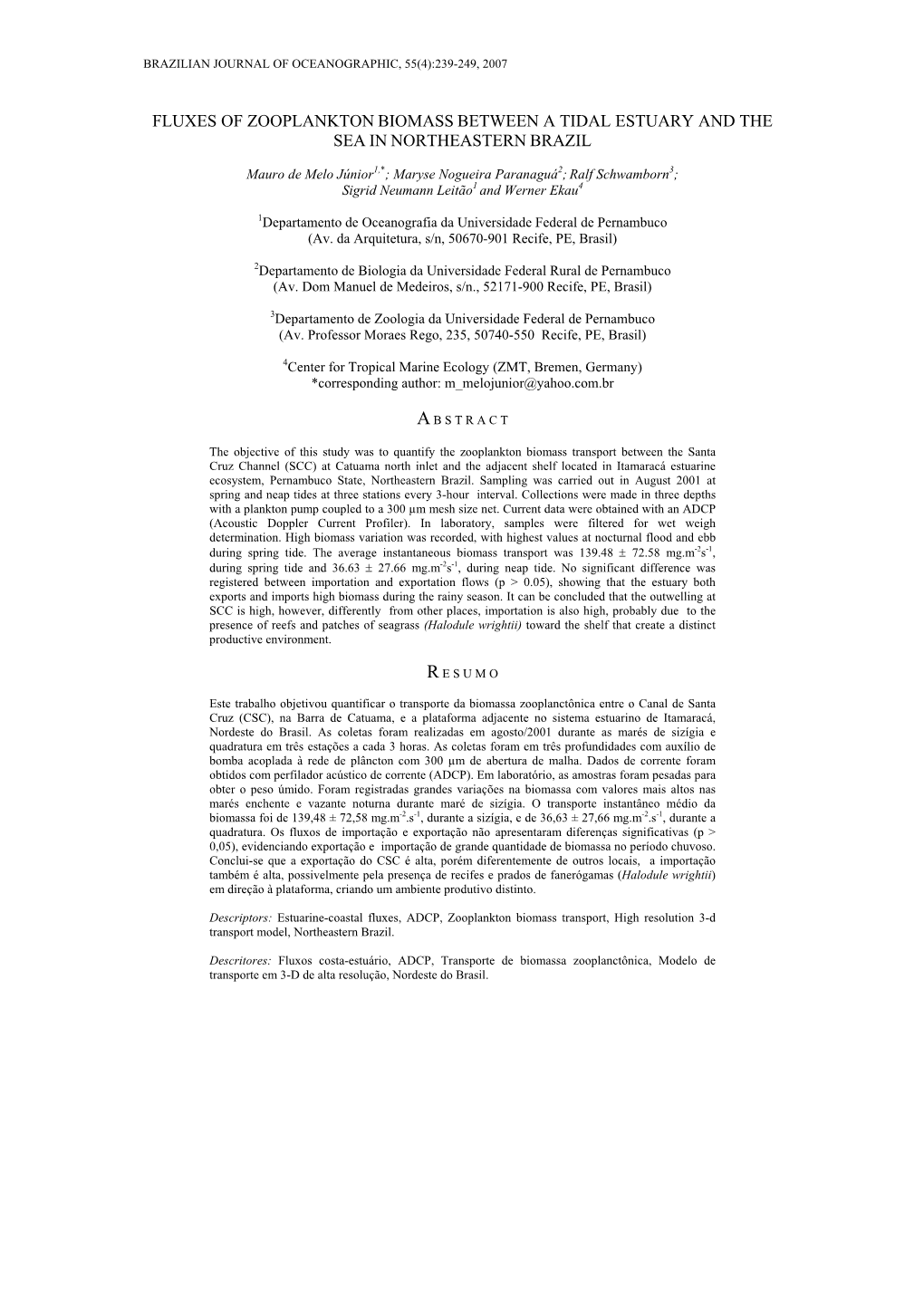 Fluxes of Zooplankton Biomass Between a Tidal Estuary and the Sea in Northeastern Brazil