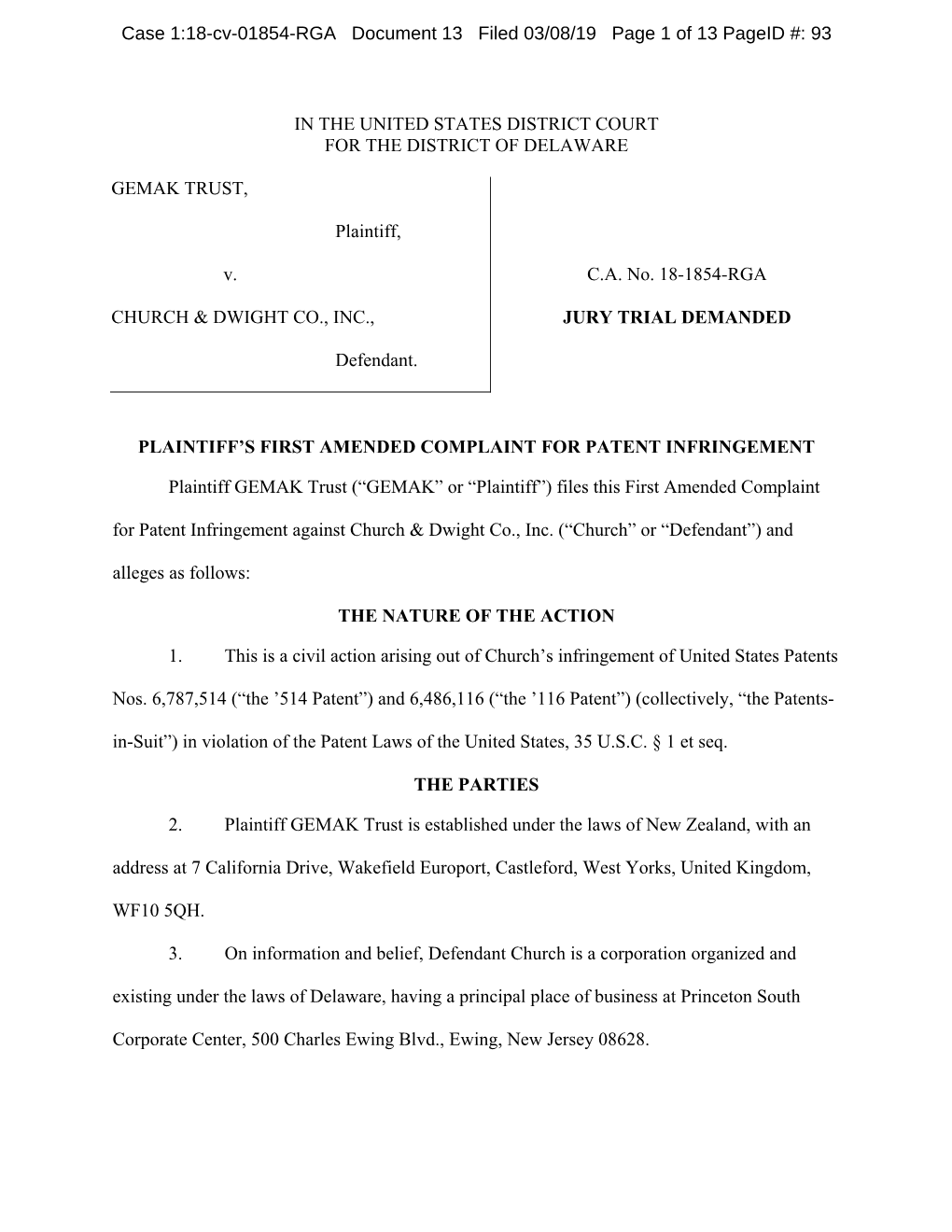 Case 1:18-Cv-01854-RGA Document 13 Filed 03/08/19 Page 1 of 13 Pageid #: 93