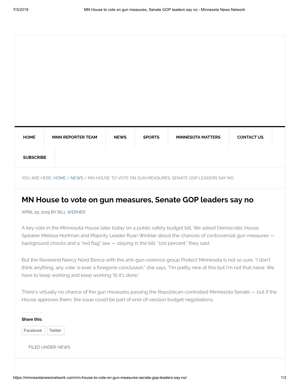 MN House to Vote on Gun Measures, Senate GOP Leaders Say No - Minnesota News Network