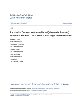 The Hand of Cercopithecoides Williamsi (Mammalia, Primates): Earliest Evidence for Thumb Reduction Among Colobine Monkeys