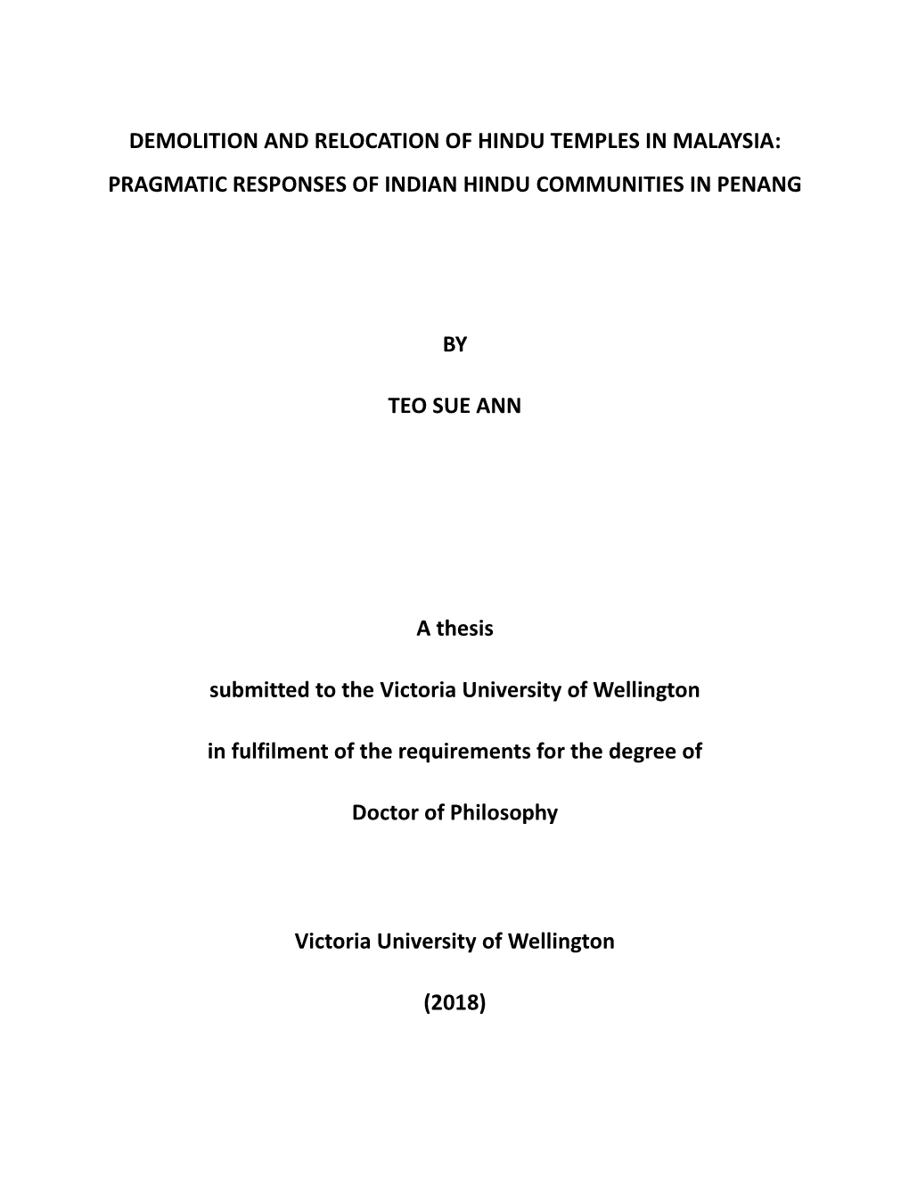 Demolition and Relocation of Hindu Temples in Malaysia: Pragmatic Responses of Indian Hindu Communities in Penang