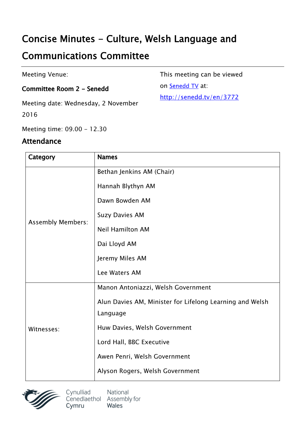 Concise Minutes - Culture, Welsh Language and Communications Committee