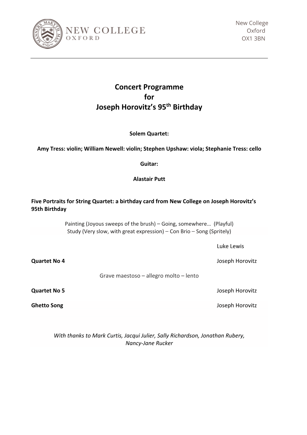 Concert Programme for Joseph Horovitz's 95Th Birthday