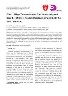 Effect of High Temperature on Fruit Productivity and Seed-Set of Sweet Pepper (Capsicum Annuum L.) in the Field Condition