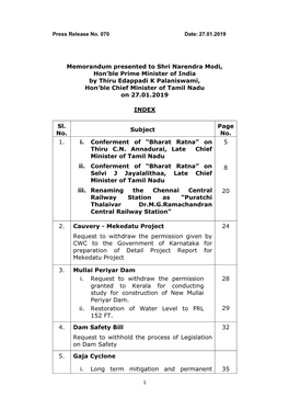Memorandum Presented to Shri Narendra Modi, Hon‟Ble Prime Minister of India by Thiru Edappadi K Palaniswami, Hon‟Ble Chief Minister of Tamil Nadu on 27.01.2019
