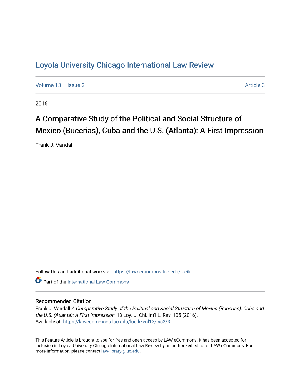 A Comparative Study of the Political and Social Structure of Mexico (Bucerias), Cuba and the U.S