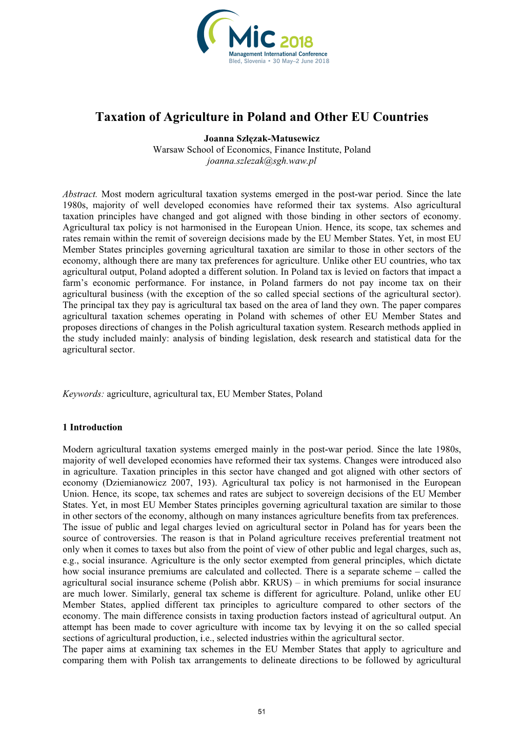 Taxation of Agriculture in Poland and Other EU Countries