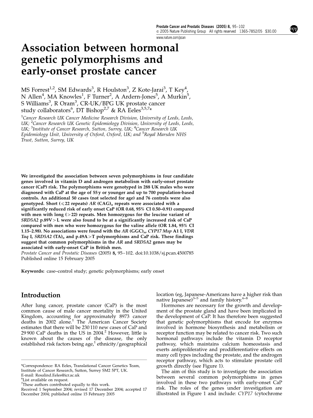 Association Between Hormonal Genetic Polymorphisms and Early-Onset Prostate Cancer