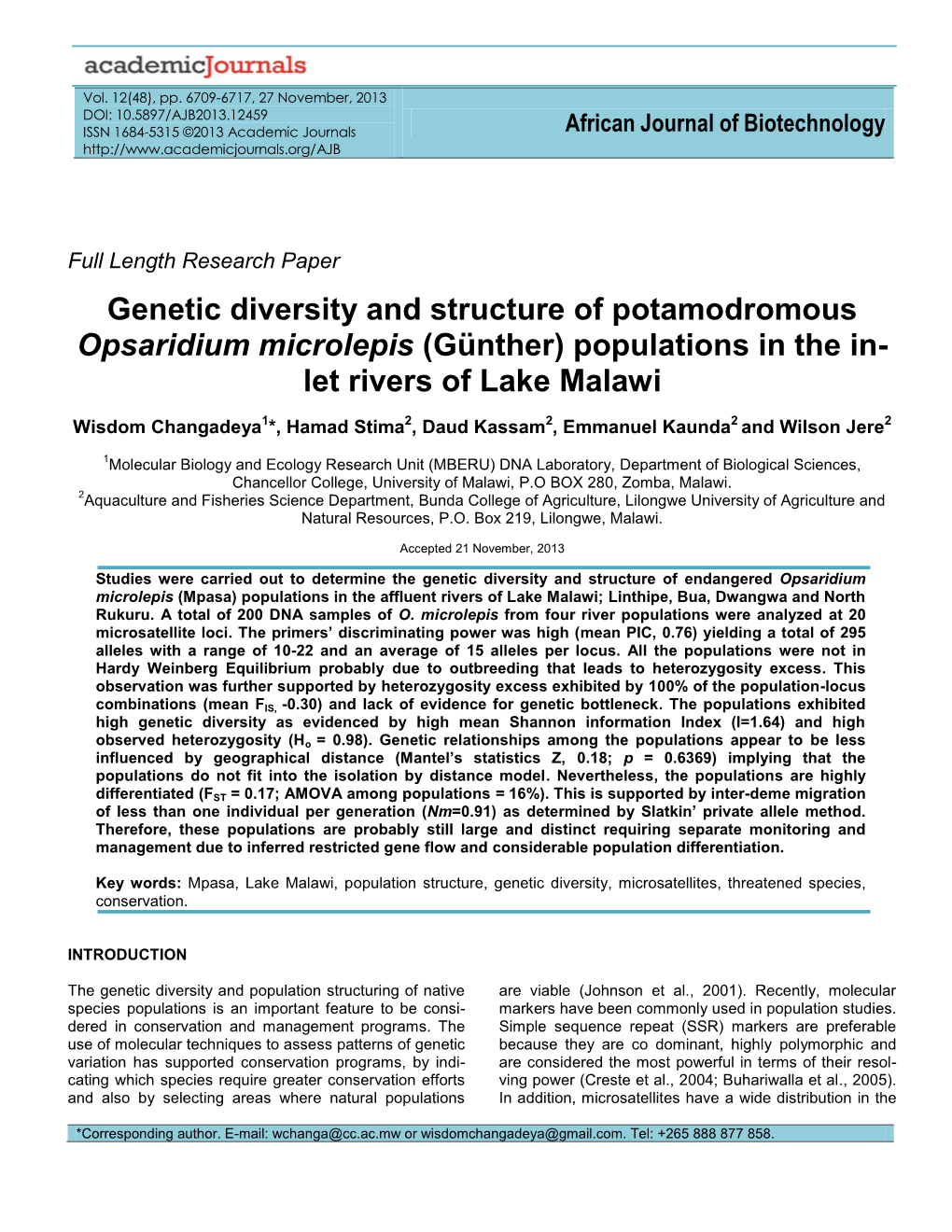 Genetic Diversity and Structure of Potamodromous Opsaridium Microlepis (Günther) Populations in the In- Let Rivers of Lake Malawi