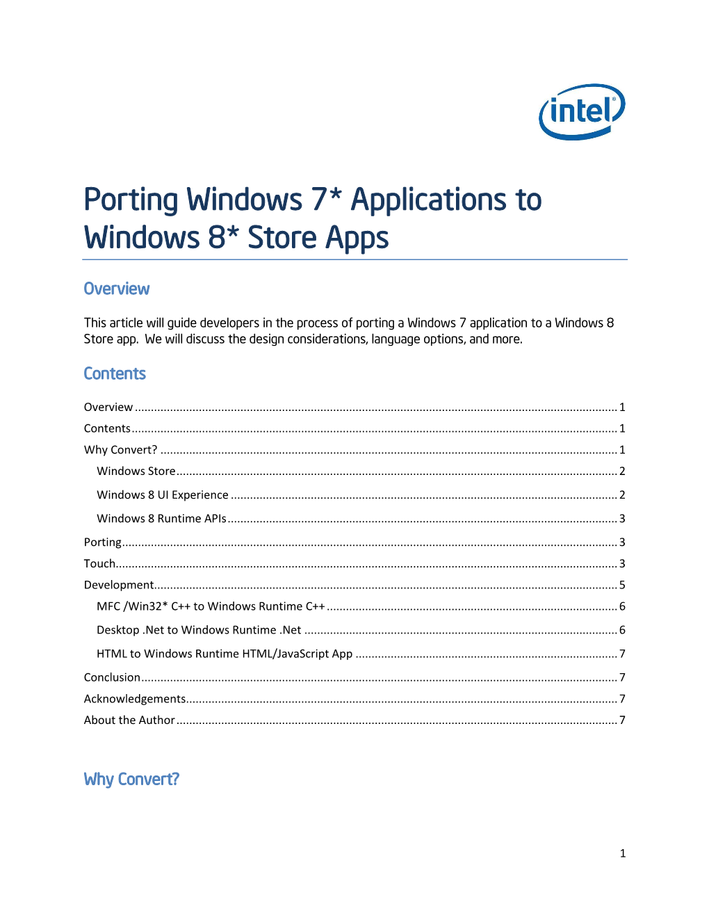 Porting Windows 7* Applications to Windows 8* Store Apps