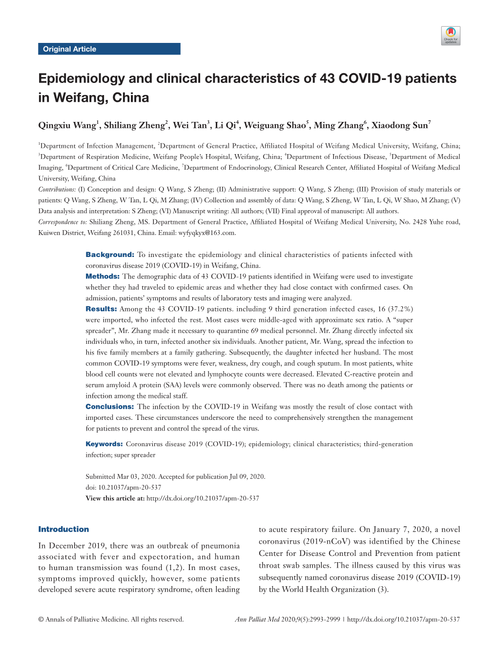 Epidemiology and Clinical Characteristics of 43 COVID-19 Patients in Weifang, China