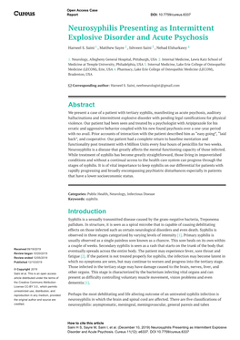 Neurosyphilis Presenting As Intermittent Explosive Disorder and Acute Psychosis