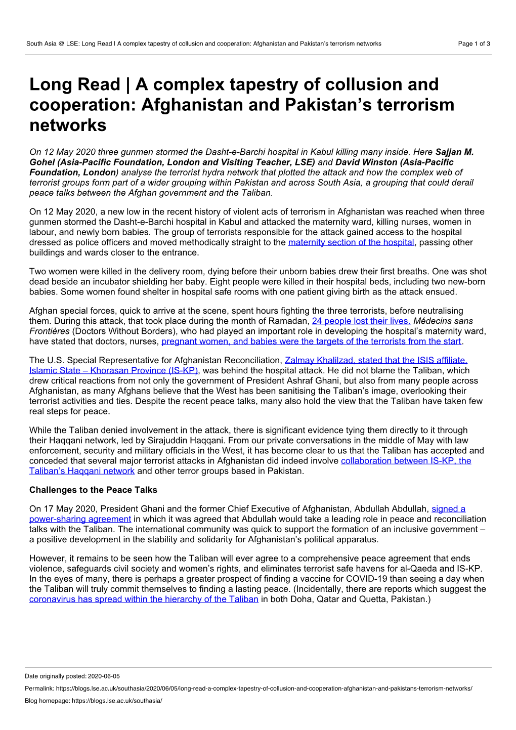 South Asia @ LSE: Long Read | a Complex Tapestry of Collusion and Cooperation: Afghanistan and Pakistan’S Terrorism Networks Page 1 of 3