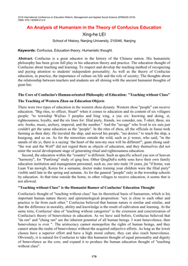 An Analysis of Humanism in the Theory of Confucius Education Xing-He LEI School of History, Nanjing University, 210046, Nanjing