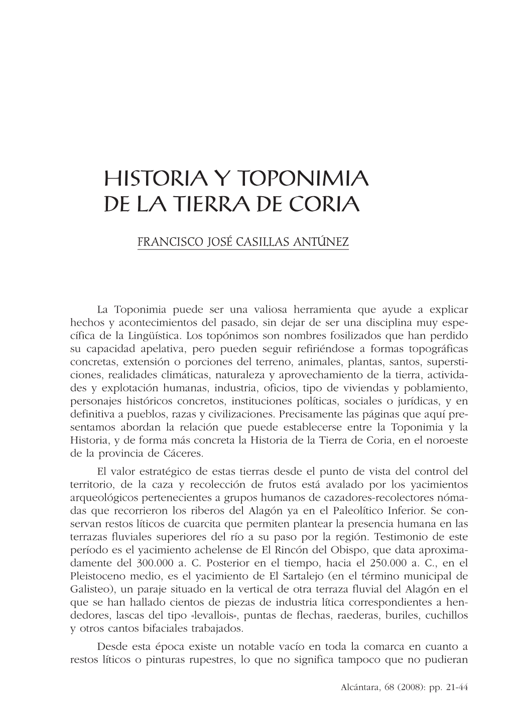 Historia Y Toponimia De La Tierra De Coria